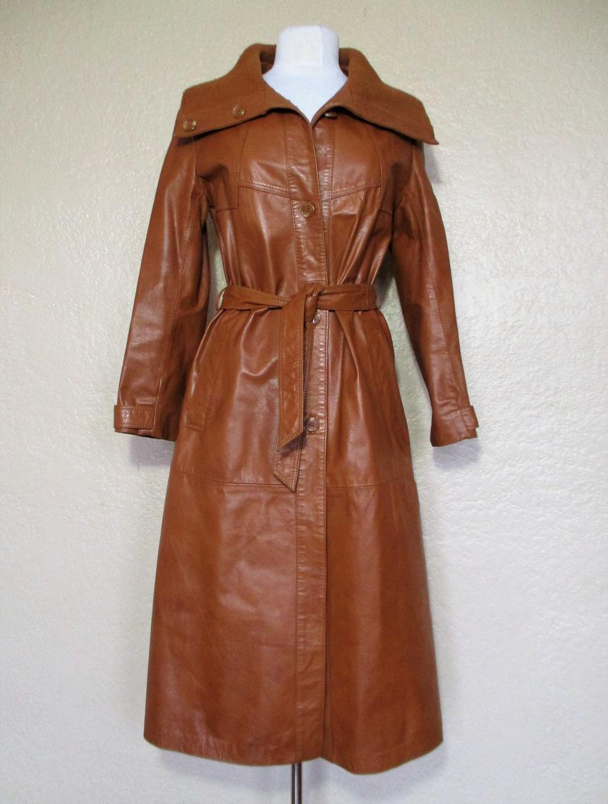 Vintage 1970s Imperial Brown Leather Trench Coat, Small Women | Mezcal ...