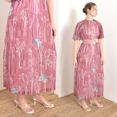 Vintage 1970s Dress / 70s Hanae Mori Photo Floral and Tree Print Dress / Pink Blue ( S M ) 