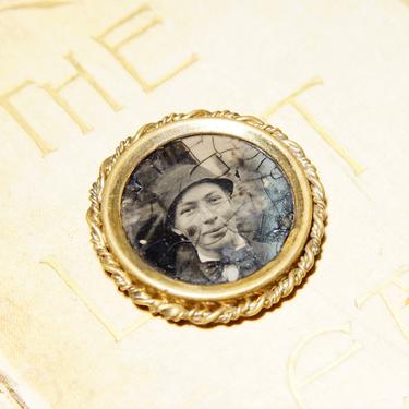 Antique Gold Filled Photo Portrait Brooch Pin, Victorian Mourning Jewelry, Black &amp; White Photo Of A Man, Woven Gold Frame, 1 1/4&amp;quot; 