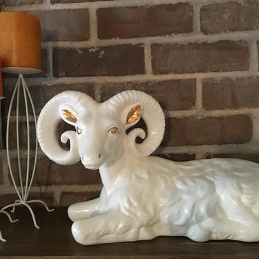 Vintage White Ram, Ceramic Ram With Gold Embellishments, Mid Century Aries Ram, Large White Animal Figurine 