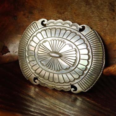 Vintage Signed Martinez Sterling Silver Navajo Belt Buckle, Huge Hammered Silver Concho Buckle, Native American Old Pawn, 4&quot; W x 3&quot; L 