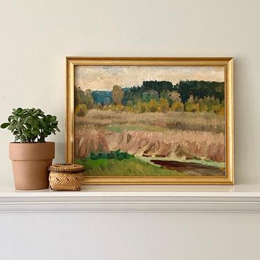 Vintage European Landscape Oil Painting En Plein Air Prairie Field Scene 