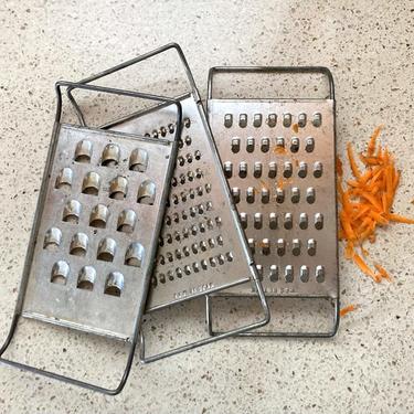 set vintage metal graters -  fine medium coarse vegetable shredder - primitive kitchen decor 