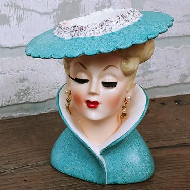 Vintage Napco C3815C Blue with Pearls and Hat Woman's Head Bust Vase Made in Japan 