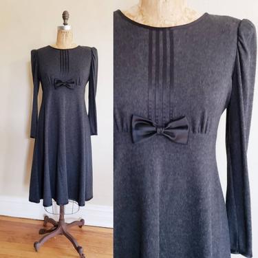 1980s Gray Wool Lanz Dress with Bow / 80s Long Sleeved Dress Dark Academia / L / Marla 