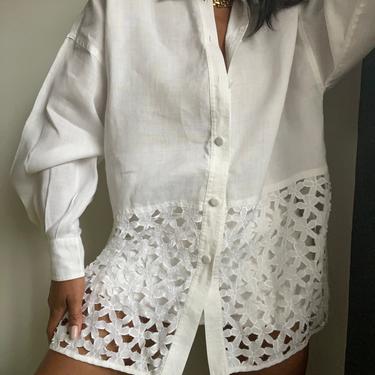 vintage pure linen minimal cut work embroidered statement button up blouse 