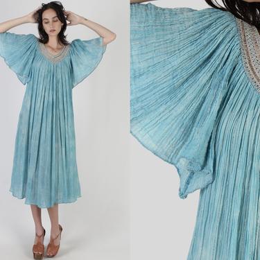 Teal Angel Sleeve Gauze Dress / Thin Big Sleeve Cotton Dress / Crochet Ribbon Trim Dress / Vintage 80s Kimono Tie Dye Grecian Maxi Dress 