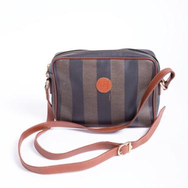 Vintage FENDI Pequin 1980s Crossbody Striped Leather and Coated Canvas Bag Logo FF Brown Black 80s Zucca 
