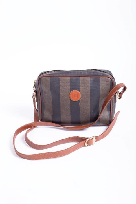 Authentic Vintage FENDI Pequin Stripe Boston Hand Bag Brown 