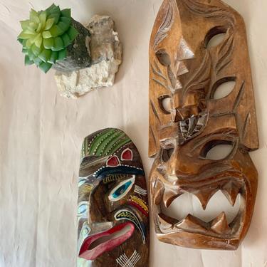 Tiki Masks Tribal Carved Wood, Set 2 Wall Hangings, Patio Decor Mid Century, Plaques Totem Vintage 