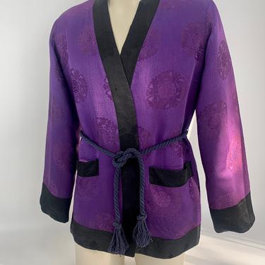 Vintage Brocade Lounge Robe - Asian Purple & Black Iridescent Jacquard - Braided Cotton Sash - Fully Lined - Men's Tailored Medium 