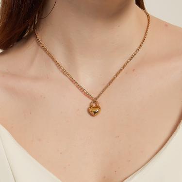 linda gold Puffed Heart lock Pendant Necklace, gold heart lock necklace, Simple Heart lock Charm Necklace, gold heart pendant necklace, gift 
