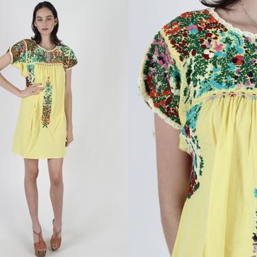 Vintage 70s Yellow Oaxacan Dress Bright Floral Mexican Dress Hand Embroidered Cotton Mini Dress 