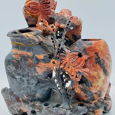 Antique Asian  soapstone Ink Brush Pot Double  Bud Vase  Floral Carvings- 7&amp;quot; X 6&amp;quot; X 2 1/4&amp;quot;  China 