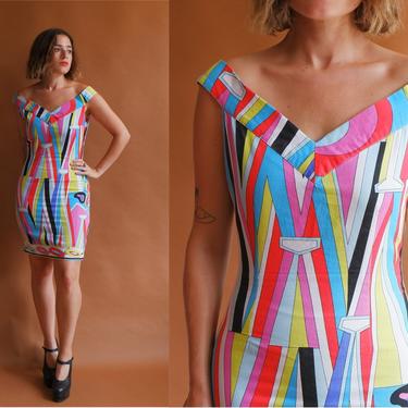 Vintage 90s Colorful Pucci Style Cotton Mini Dress/ 1990s Off The Shoulder Body Con/ Size XS Small 