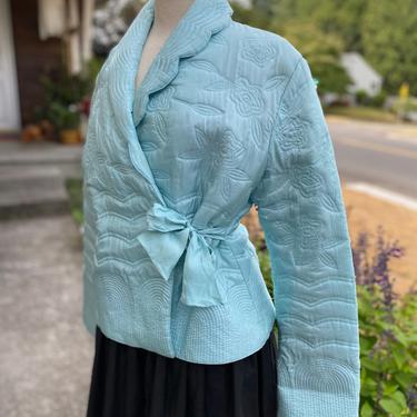 Vintage puffy soft silky quilted jacket~ bed jacket~ baby blue &amp; pink feminine ~ comfy warm lightweight cotton candy robe/coat 