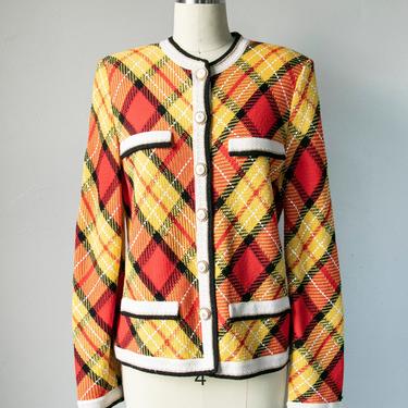 1980s ST. JOHN Sweater Wool Plaid Cardigan M 