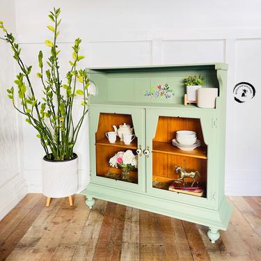 Farmhouse Curio/ glass door bookshelf/ hutch Storage Cabinet. Colorful Entryway Cabinet. Whimsical cabinet / dry bar 