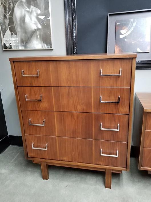 Mid Century Modern Walnut Highboy Dresser With Chrome Pulls From