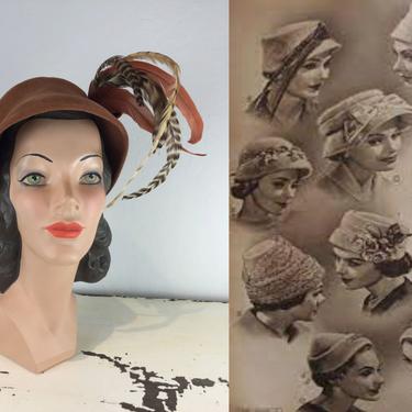 Her Feminine Charm - Vintage 1950s Leslie James Cognac Nutmeg Brown Velour &amp; Feather Cloche Hat 