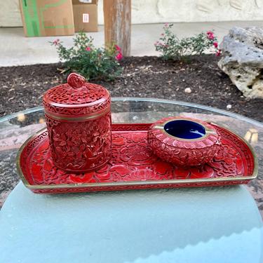 Chinese Cinnabar and Brass Smoking Set with Tray, Lidded Jar, & Ashtray 
