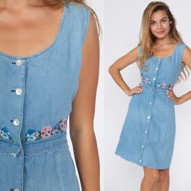 Floral Denim Dress EMBROIDERED Dress 90s Midi Jean Grunge Dress 