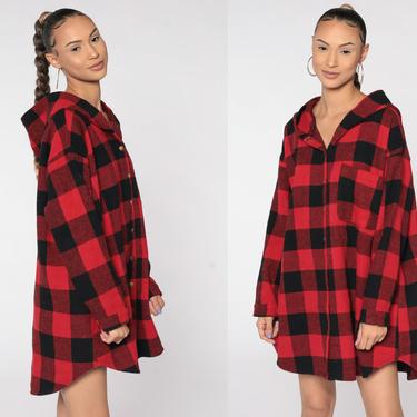 Plaid Hooded Shirt Dress Buffalo Plaid Flannel Hoodie 90s Grunge Hood Oversized Red Black 1990s Vintage Lumberjack Button Up Small Medium 