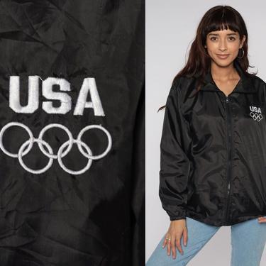 USA Olympic Jacket Black Windbreaker Jacket 80s 90s Shiny Nylon American Track Jacket Coat Vintage 90s Medium 