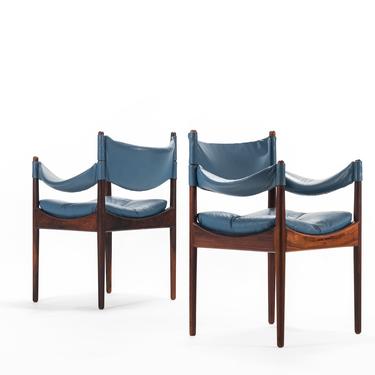 Set of 2 Kristian Solmer Vedel Blue Leather Lounge Chairs 