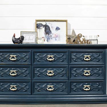 Dark Teal Ornate Dresser with 9 Drawers