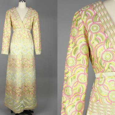 1960s Quilted Abstract Gown | Vintage 60s Malcolm Starr Bright Metallic Maxi Dress | small / medium 