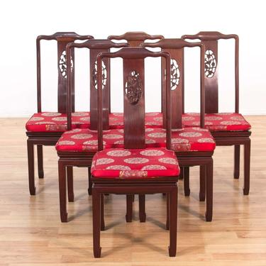 Set Of 6 Rosewood Asian Dining Chairs W/ Cushions