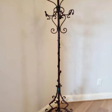 Rare Antique French Art Nouveau Hand Painted Scrolled Wrought Iron Coat & Hat Rack, Sculptural Rose Flower Trailing Vine Motif, 19th Century 