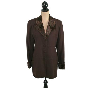 90s Dark Brown Wool Blazer Women Medium Size 10, Faux Fur Collar & Cuffs, Fall Winter Clothes, 1990s Vintage Clothing from Noviello Bloom 