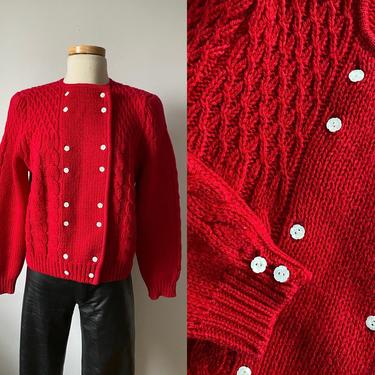 Cherry Wool Cardigan with Mother of Pearl Flower Buttons 