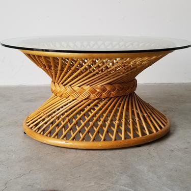 Vintage Round Rattan Coffee Table With Glass Top 