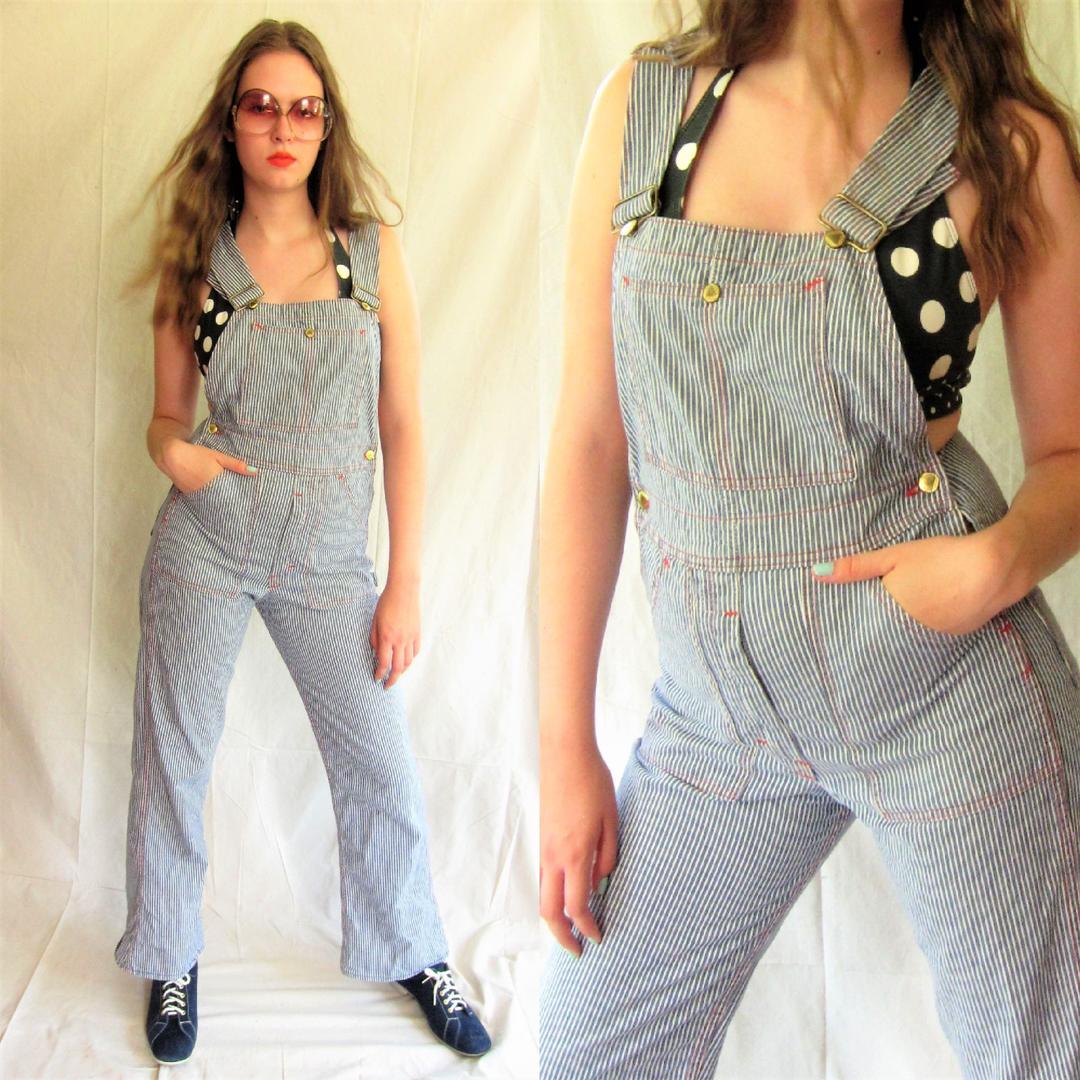 1970s Overalls / 70s Striped Denim Overalls / Blue and White Stripe