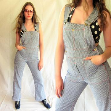 1970s Overalls / 70s Striped Denim Overalls / Blue and White Stripe Workwear Farmer / Parve 28 x 32 