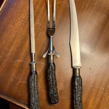 Vintage Carving Set with Faux Antler Handles 