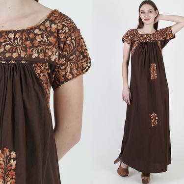 Traditional Brown Oaxacan Maxi Dress / Cotton Heavily Embroidered Mexican Dress / Womens Authentic Puebla Autumnal Dress 