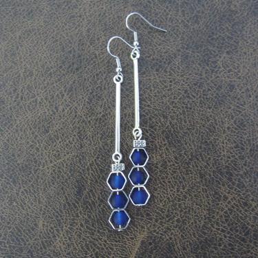 Long sea glass earrings, bohemian beach earrings, bold earrings, boho earrings, royal dangle earrings, geometric hexagon earrings, artisan 