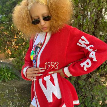 90's Varsity Jacket Sweater 93 retro cardigan sweater OVERSIZSED sweater mens women's vintage red white sweater size large l 