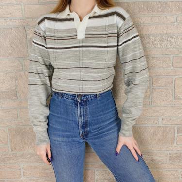70's Collared Striped Knit Sweater Top 