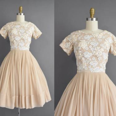 vintage 1950s dress | Gorgeous Champagne Ivory Lace Beige Chiffon Bridesmaid Cocktail Party Dress | XS Small | 50s vintage dress 