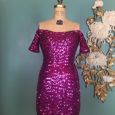 1980s mini dress, off the shoulders, magenta sequins, vintage 80s dress, body con, bandage, size small, party line, holiday, New Years eve 