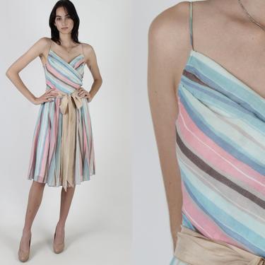 Pastel Striped Dress / Casual Vertical Horizontal Stripe Dress / Womens 70s Garden Deep V Wrap Dress / 1970s Waist Tie Mini Dress 