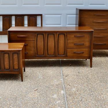 Mid Century Broyhill Emphasis Bedroom set - triple dresser, mirror , highboy dresser ,  nightstand, queen headboard 