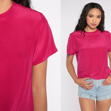 Fuchsia Silk Shirt Short Sleeve Top Plain Shirt 80s T Shirt Deep Pink Silk Blouse Vintage 1980s Small 