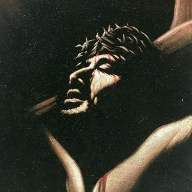 Religious Painting on Black Velvet, Jesus Christ, Crown of Thorns, Crucifixion, Christian, Vintage 60s 