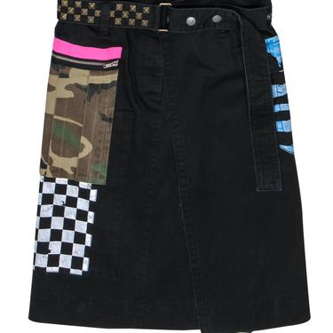 Marc Jacobs - Black Patchwork Belted Faux Wrap Midi Skirt Sz 8